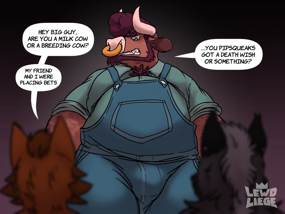 #KingArt This is image one of three. King, a big bull anthro, is asked by two short cat bastards if he's a milk cow or a breeding cow. He is unamused and asks if they have a death wish for asking him that. He looks threatening, but from the below angle, you can see all the light bouncing off of his bulge, belly, and pecs through his overalls.