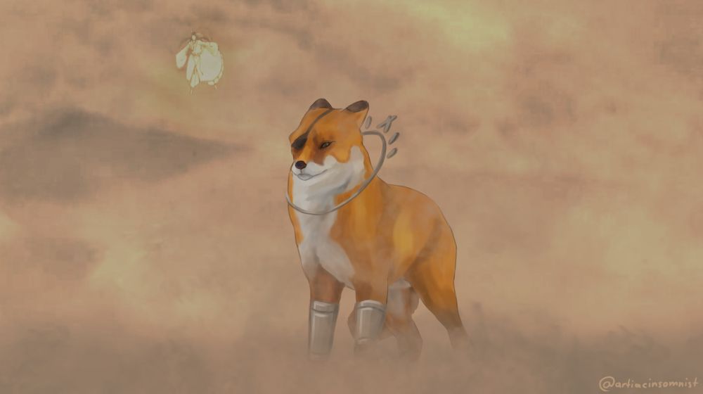 A redraw of the “it fucken WIMDY” fox meme. Fox Hua Cheng is facing a strong desert storm, while Xie Lian gets blown away in the background