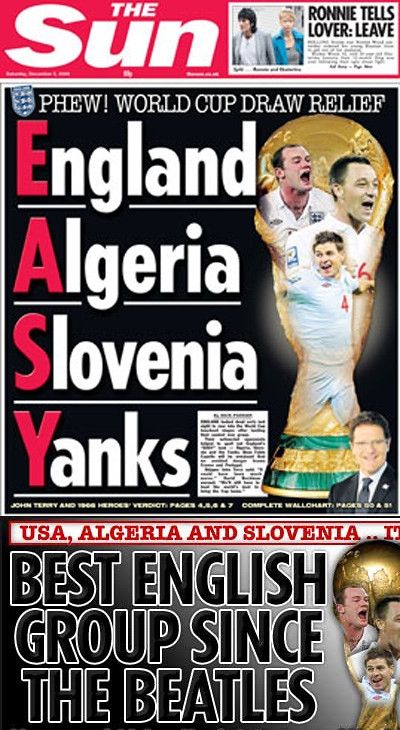The Sun's 2010 World Cup group reveal, proclaiming the group EASY (England, Algeria, Slovenia, Yanks)