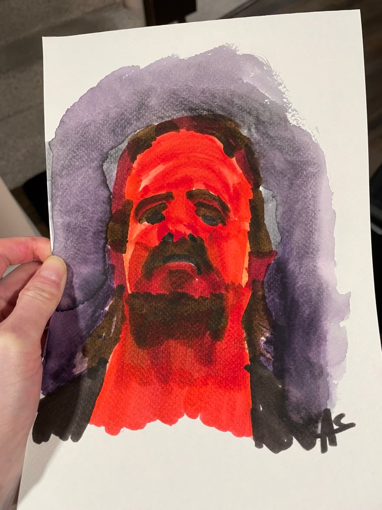 A mostly red portrait of wrestler Adam Page on a gray background