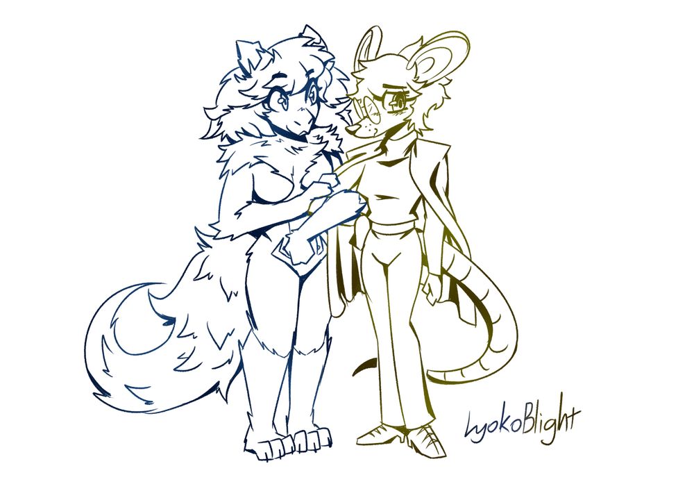 A sketch of two original characters; a fuzzy kobold and an anthro mouse. They're locking arms while the kobold looks kindly at the mouse, the mouse is shyly looking away and blushing.