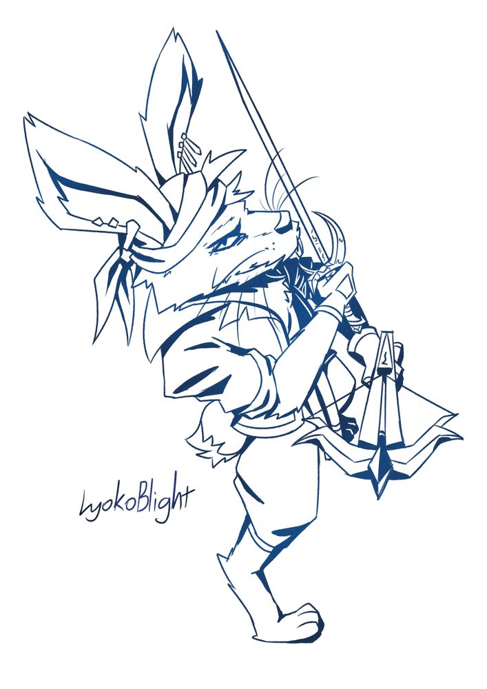 A sketch of an original, anthro-hare character for Dungeons and Dragons. The camera is looking down at him while he looks up, sporting his rapier and his hand crossbow.