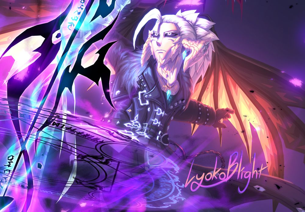 An illustration of an avatar character from Final Fantasy XIV in the Reaper job. They look fiercely at their weapon while casting a spell, their fiery, molten wings are spread behind them. 