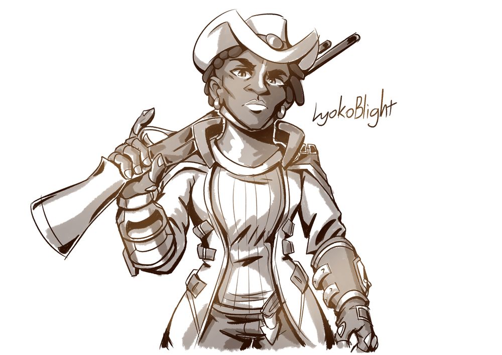 A sketch of an original gunslinger character looking down at the camera fiercely with a rifle hung over her right shoulder (our left).