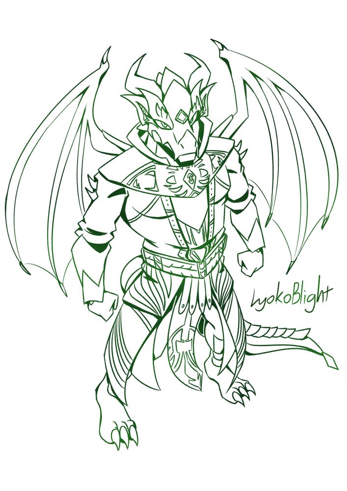 A sketch of an original anthro dragon character, looking up at the camera determinedly and wearing a fantasy warlock outfit.
