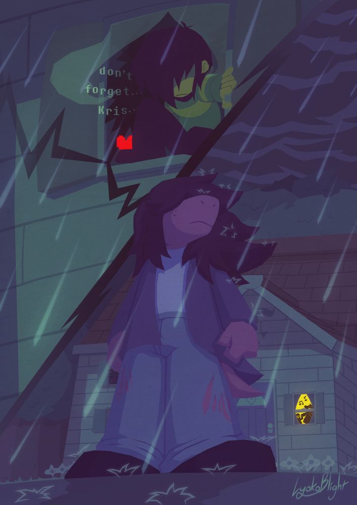 An illustration of Susie and Kris from Deltarune in a dark, dreary right showered with rain; Susie is looking distantly into the sky determinedly, While Kris is sitting on their windowsill looking at Susie, with an ominous voice emanating from behind them. 