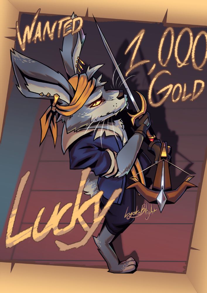 Full body illustration of a Dungeons and Dragons original harengon character. The rabbit-like character sports a pirate outfit and wields a rapier and a hand crossbow while looking upwards at the camera with a calm but confident look on his face. 