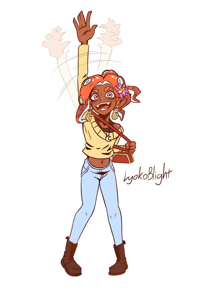 A sketch of an original character, smiling and waving to the camera while sporting a fashionable look.