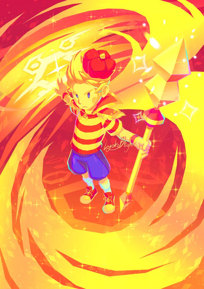 An illustration of Lucas from Mother 3, standing confidently and wielding all his Awesome Gear from the game; A crown, a scepter, arm bands, and a long cape that flows into the background.