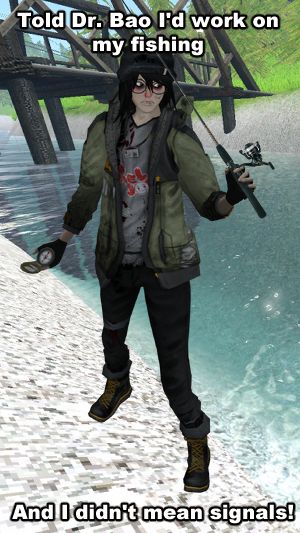 An edited image of Dr. Kel from Voices of the Void, holding a fishing rod and standing on the band of the river in the aforementioned game. Text at the top of the screen reads "Told Dr. Bao I'd work on my fishing" and continues at the bottom with "And I didn't mean signals!"