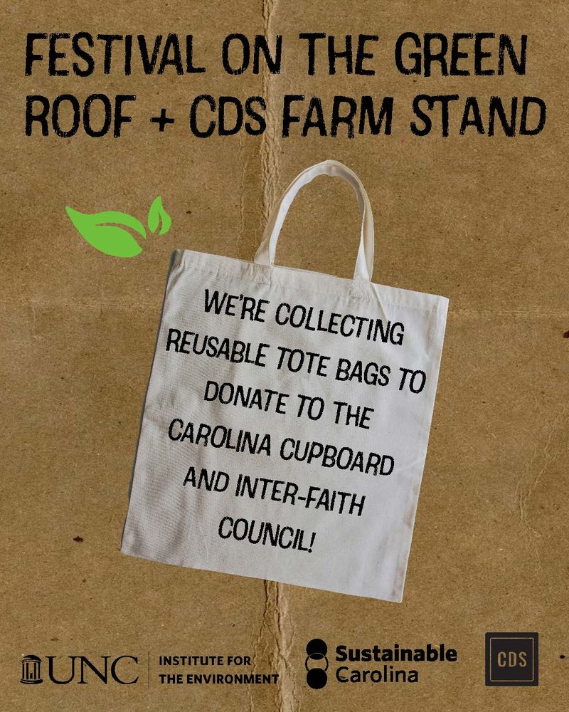 Graphic with a cardboard background reads,"We're collecting reusable tote bags to donate to the Carolina Cupboard and Inter-Faith Council."