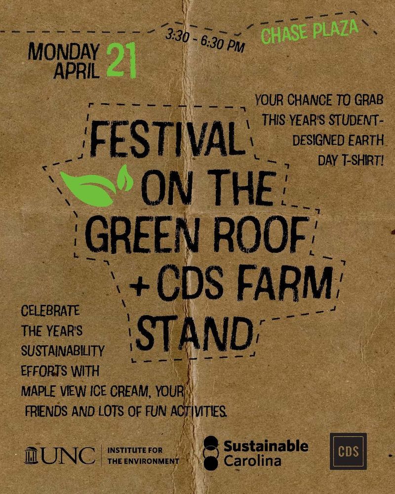Graphic with a background that looks like cardboard. The middle of the graphic reads, "Festival on the Green Roof + CDS Farm Stand." The top reads, "Monday, April 21 @ 3:30 - 6:30 pm, Chase Plaza." 