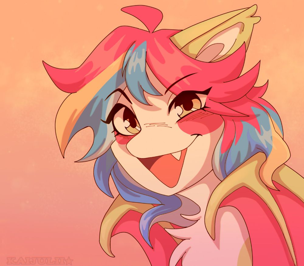 My MLP Ponysona, Pequeña Piñata in a retro anime style. The background is a dull mixture of orange and purplish-red to create a soft gradient, with barely visible dark yellow sparkles. Pequeña's hair is noticeably glossier to fit the style, as well as having harsh cell shading. Her wings are curled up close to her body and she's grinning widely at the camera with big ol' sparkly anime eyes. I'm offering a piece of this style in the form of an Art Raffle! You can also Commission me if interested! :]