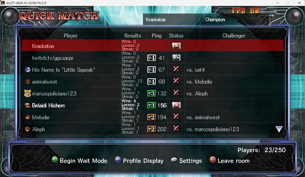 Guilty Gear Plus R Open Lobby. It dumps everyone into one room, up to 250 people, and says "have at it", with full connection metrics displayed before you even send a challenge. It looks a little scuffed.