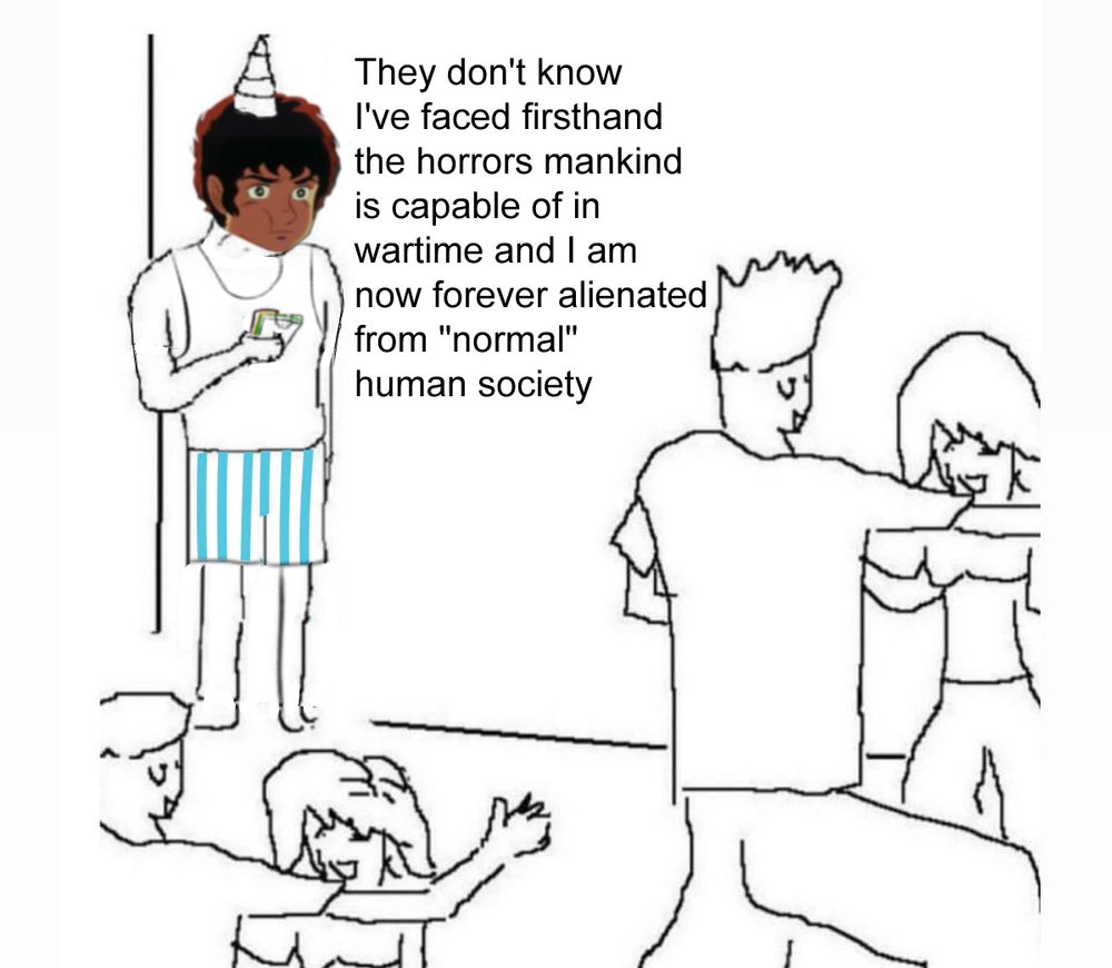 Edit of the "They don't know I'm" meme. Amuro Ray from Mobile Suit Gundam 0079 is at a party standing in a corner with, eating a sandwich staring at nothing, wearing a tank top, striped boxers and a party hat. The others at the party are not looking at him, and Amuro's inner monologue is shown. It says "They don't know I've faced firsthand the horrors mankind is capable of in wartime and I am now forever alienated from "normal" human society"