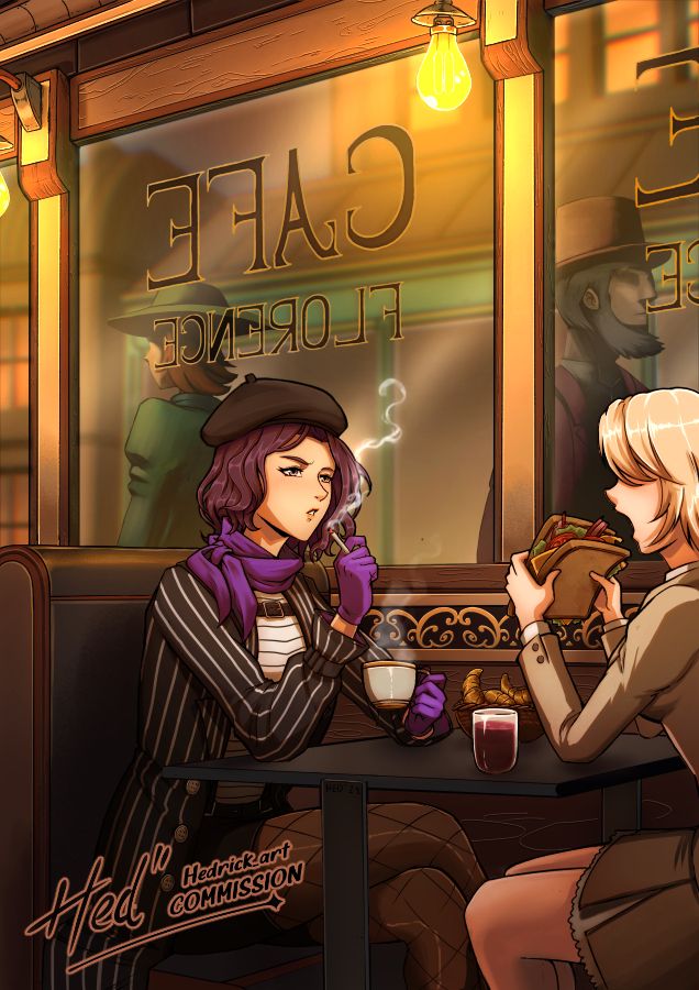 Two women are sitting at the café table. The main one has dark purple hair, a striped coat, a purple scarf, and a glove. She also has a beret and is smocking with a cup of coffee. The second is a blond girl with a brown jacket and dress. She is eating a big sandwich.