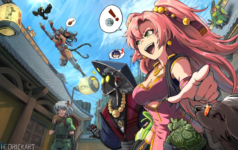 Illustration of the Cunning hare of ZZZ wandering in a temple.
Nicole is in a pink dress and points at a dog with a divination turtle !
Billy, behind her, has a Hat and a Red and Blue traditionnal robe, and is spotting the Proxy.
Anby, in the back, in a  green kung fu outfit and is eating a burger.
Nekomata is jumping in the heai in a re slit dress and tries to catch YiXuan's Bird.
Ju Fufu is suspiciously looking at Neko
On the top right Amillion is in a samourai dress and as 3 katanas.