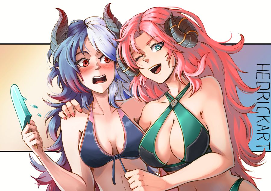 Chelsea ( A girl with red eyes, horns and Right White/blue and Left Dark blue/red Hairs ) and Akala ( a Sheep girl with pink hairs and teal eyes ).
Chelsea has  Dark blue and Pink Bikini and hold an Popsicle while Akala a green bikini.

Chelsea is blushing, embarassed, because Akala is close to her with one on her bikini top string in her hand.