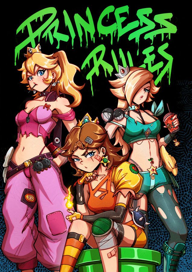 Peach, Daisy and Rosalina from Mario series, but in punk/grunge outfits.
Behind them is written "Princess Rules"