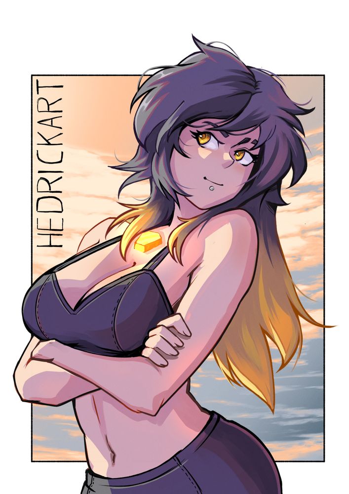 Cleo, with long dark and yellow hairs, yellow eyes, a sporty dark top and a dark pant ! the Background is a cloudy sky,  she is arm crossed, head tilted on the side