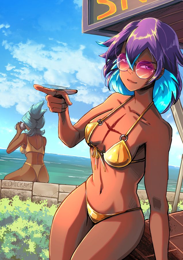 Solaris, a brown-skinned woman with purple and neon blue hair, looks at the viewer with her right hand to make a “You-Me" gesture.
She as retro glasses and a golden two piece swimsuit. She also has a "plus" shaped scar on her plexus.