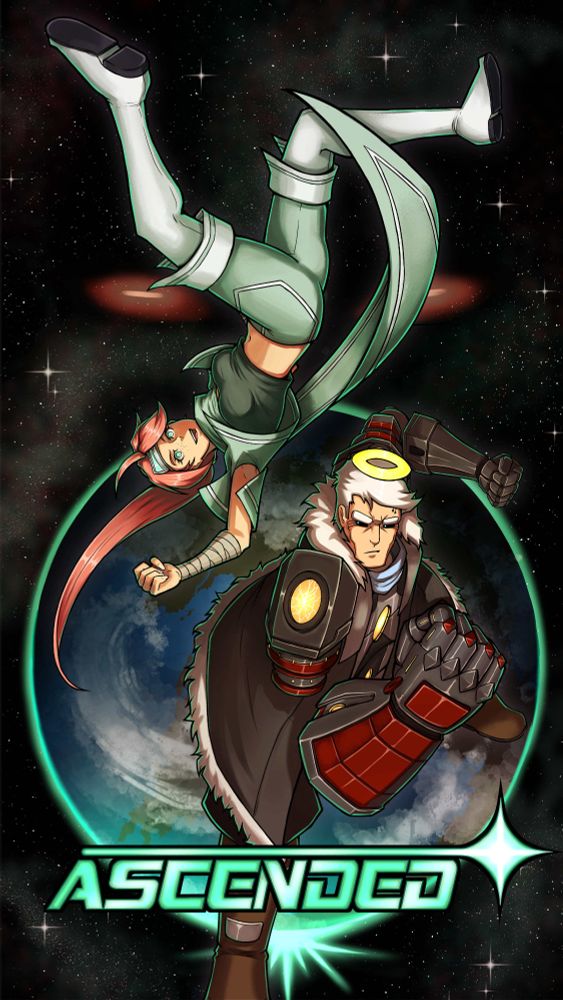 Lexie, Upside down, with magma and his floating fist up, behindthere is a planet in space and the comic name "Ascended"