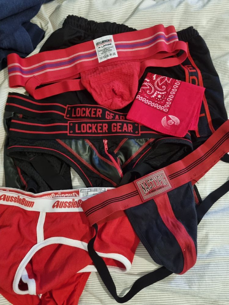 An assortment of red underwear. 