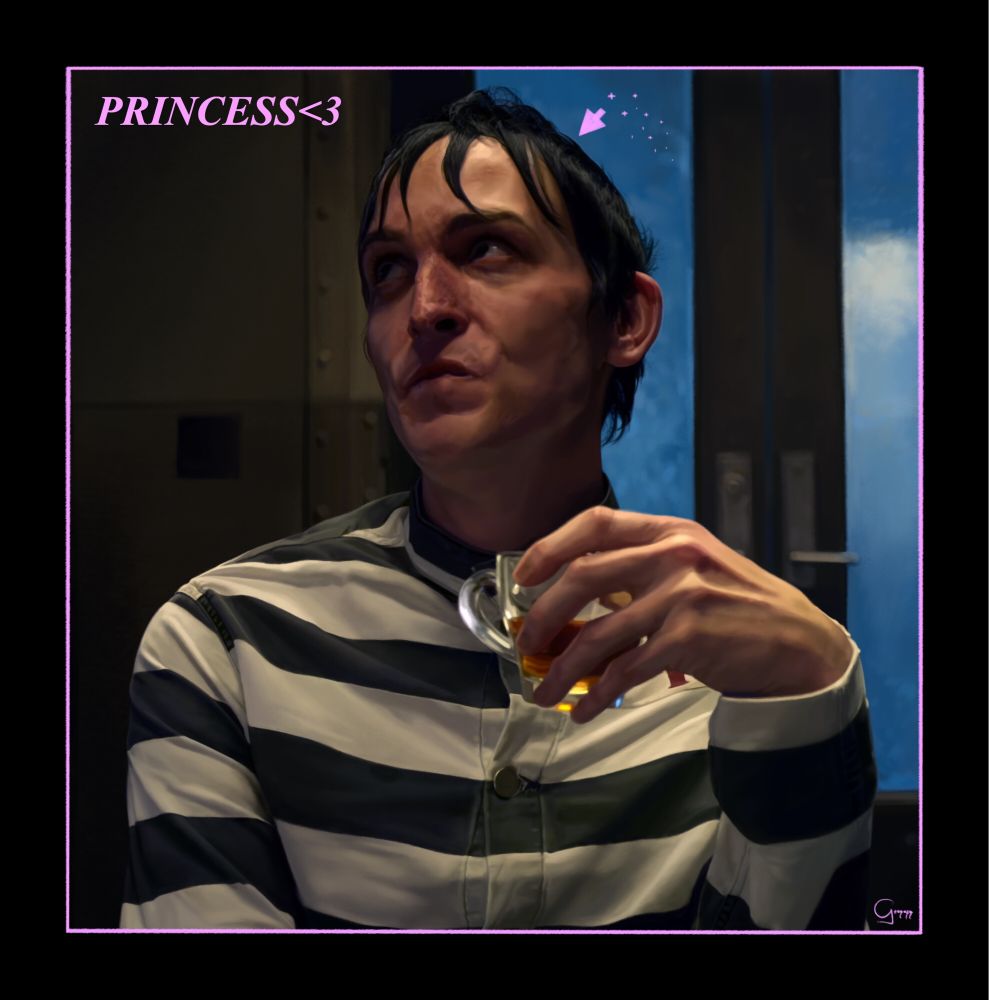 a digital bust painting of oswald cobblepot from the tv show gotham. he’s wearing the arkham asylum uniform and holding a cup of tea. there’s pink text in the upper lefthand corner which says ‘princess<3’.