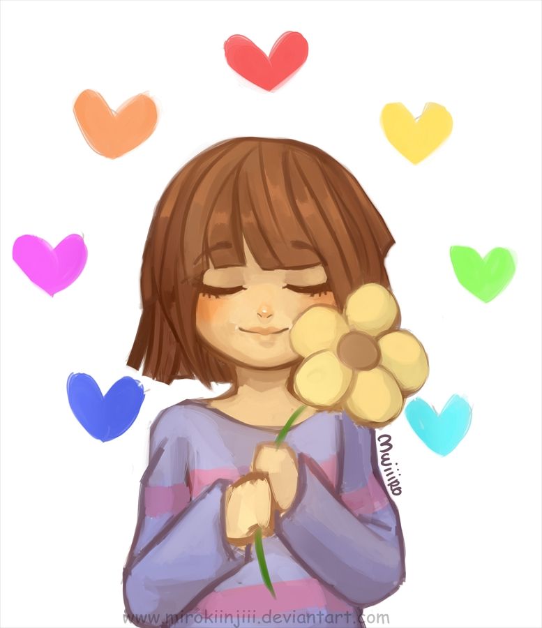 Frisk holding a flower with 7 souls around them