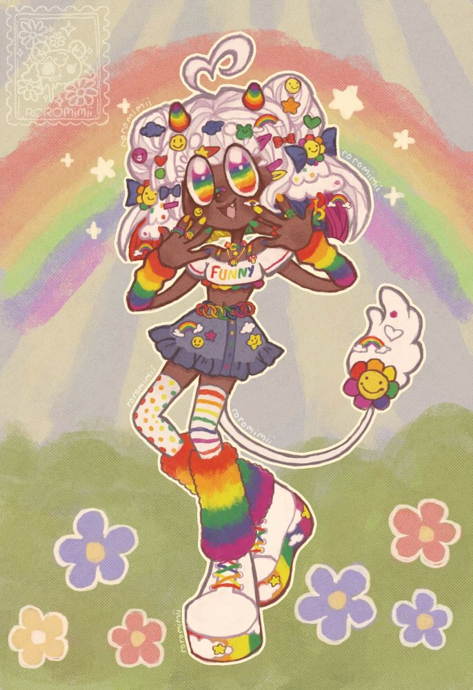 Cheerful kemonomimi cow girl with white hair and lots of rainbow accessories 