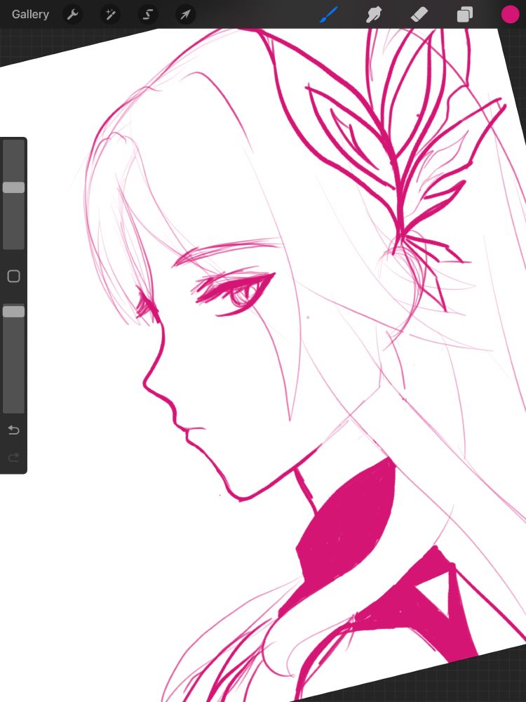 a pink sketch of Skirk in Procreate