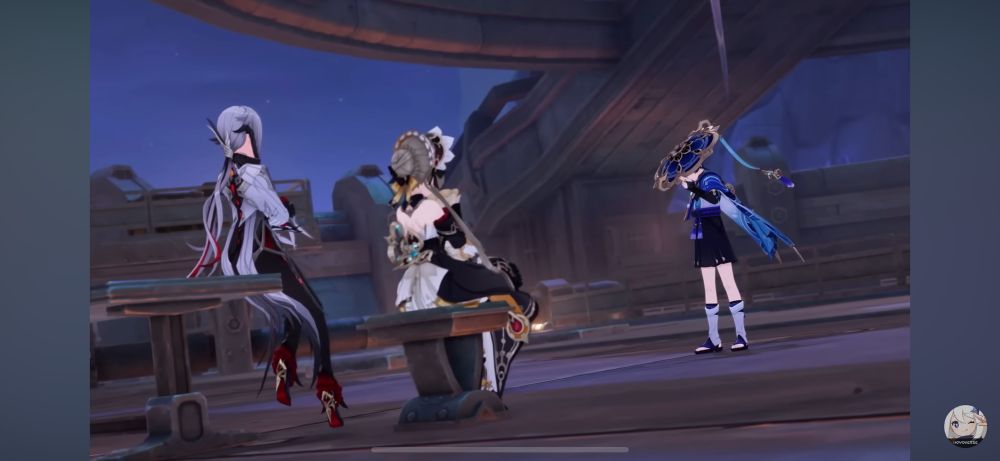 Wanderer tipping his hat to cover his eyes while conversing with Sandrone and Arlecchino, who are sitting down and facing him while he is standing.