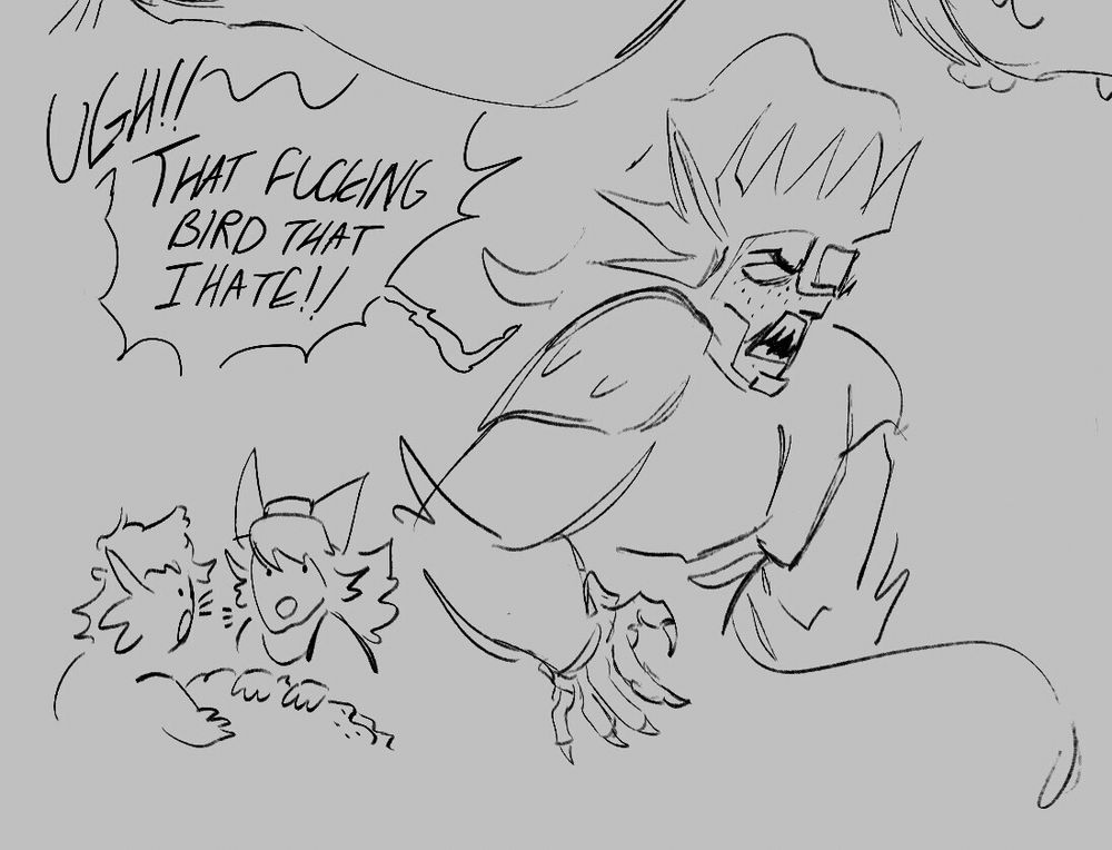 Based on mentioned post in caption text
Merman fire man next to merfolk Rock and Roll, both next to a lump of sand and having their hands on it, soon to play with it.
Fire looks visibly upset just next to them, mouth open with pointy teeth, clawed hand bent as he exclaims “UGH THAT FUCKING BIRD THAT I HATE!!!” (Referring to a pelican from mentioned post/ off screen)
Rock and Roll exclaim with :0 on their faces as they’re sitting beside him
