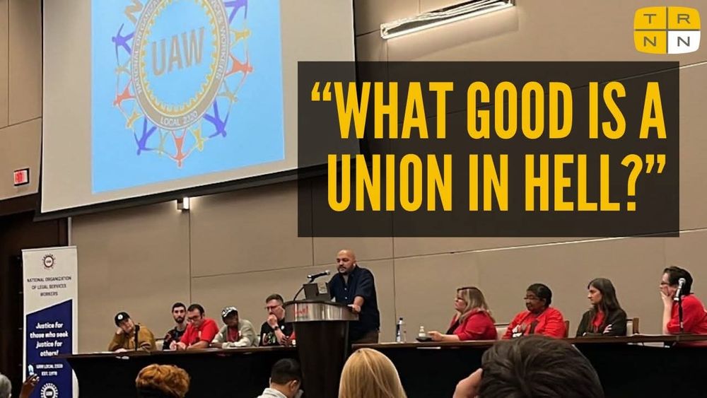Photo of TRNN editor-in-chief Maximillian Alvarez delivering the keynote speech at the 2025 national convention of the National Organization of Legal Services Workers (NOLSW), UAW Local 2320, in Baltimore, Maryland. 