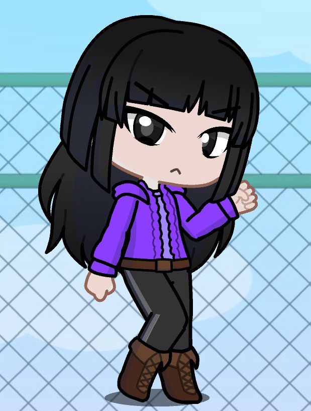Mai is a girl with long black hair, though scruffier than Rena, with black eyes with large pupils. She wears a simple purple hoodie, a brown belt, and black pants, with brown long boots. She scowls angrily.