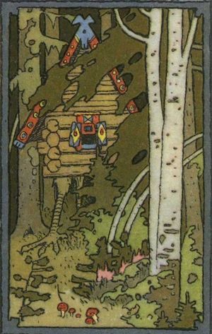 A colored drawing of Baba Yaga's hut. With colorful trim on its eaves and window frame, the hut stands on its chicken legs. It is partially obscured by leaves deep in a forest.