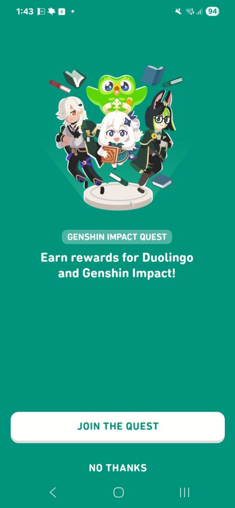 Duolingo 謎のクエスト画面。原神とコラボをするらしい