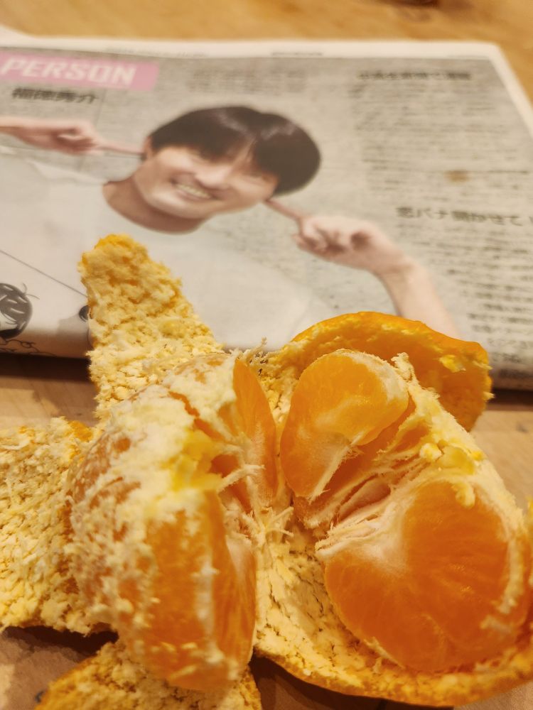 読売中高生新聞のジャルジャル福徳氏インタビュー記事と皮をむいたおみかん