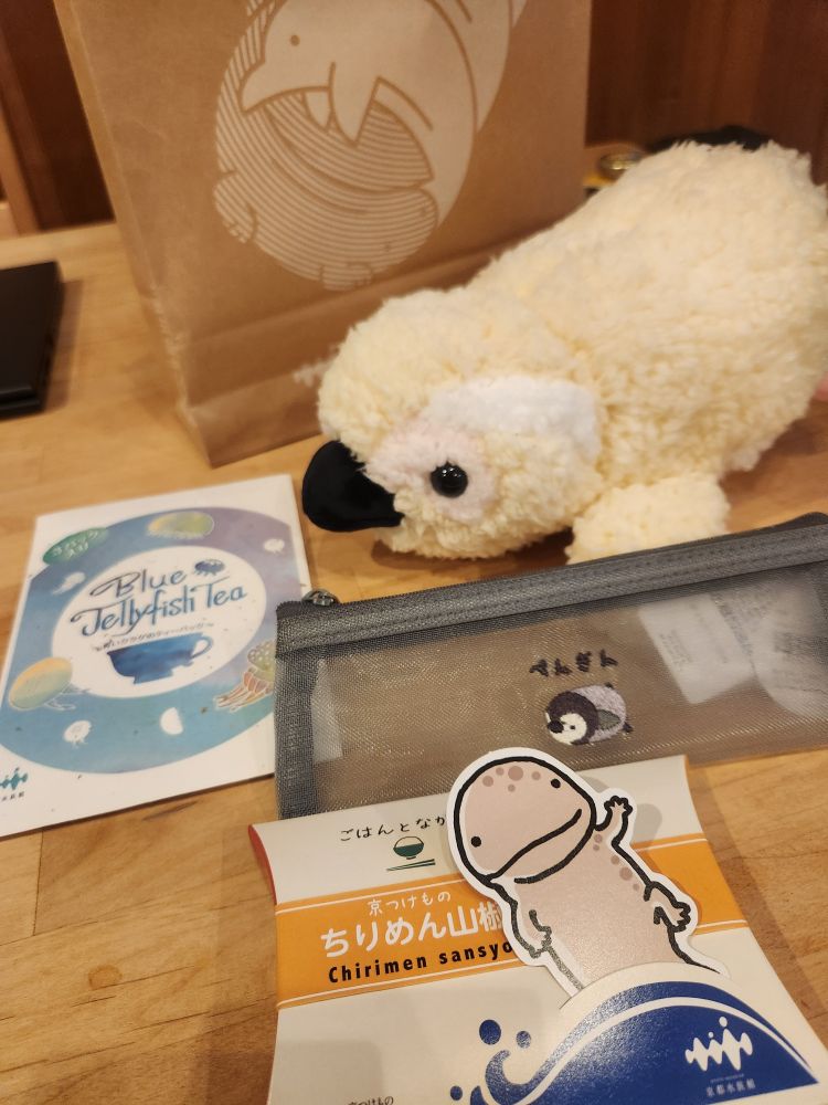 京都水族館お土産もろもろ。クラゲのバタフライピーティー、くじ引きペンギンひな、ぺんぎんペンケース、オオサンショウウオのちりめん山椒
