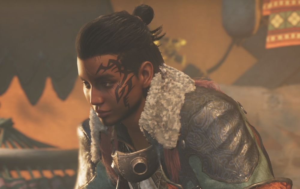  A view showing a roughly 3/4 profile of Masina (she/he), mostly showing the left side of his face. In the area from her temple to her ear, a tattoo of sprawling, interconnecting tribal-style tendrils flow out from under his hairline. The topmost tendrils reach out over his eyebrow, while othersreach down past his ear to frame his eye and flow along his cheekbone, looping and sprawling down further to stop at the line of her jaw.