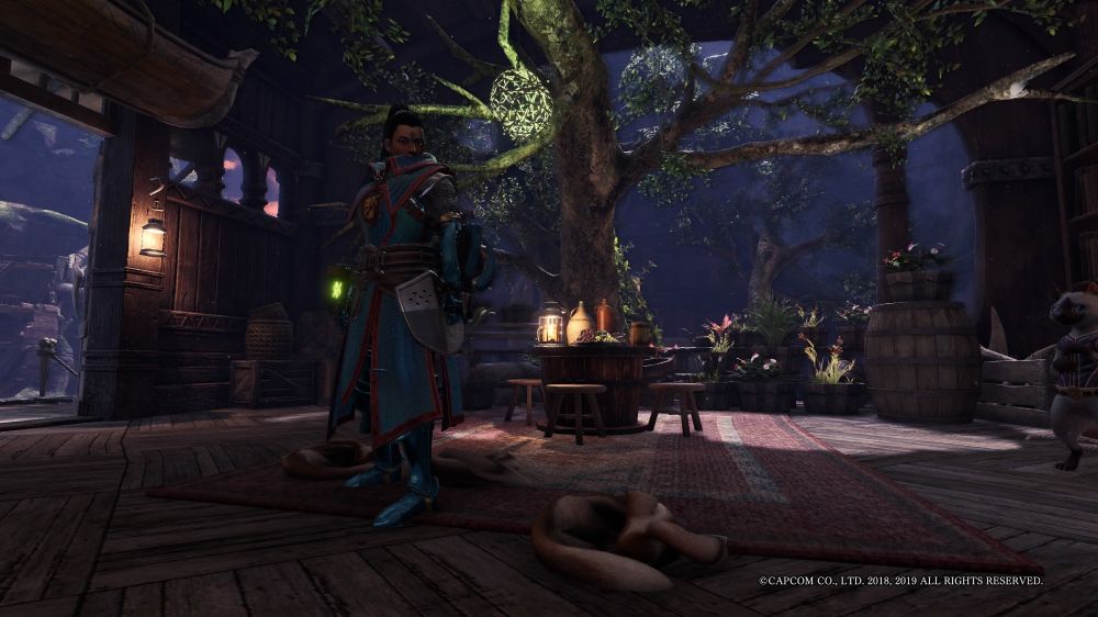 In another section of the same room, Rangi is seen standing beside a group of sheperd hares (rabbit-like animals with brown and white fur, long ears and long tails) which have curled up to sleep.

The balcony, assortment of plants and the tree can be seen in the background. As well, a short round tabke with a set of chairs. The table contains a lantern and an assortment of pottery.