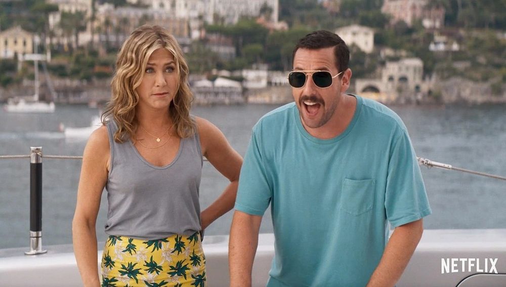 Jennifer Aniston and Adam Sandler screenshot from The Netflix movie Murder Mystery