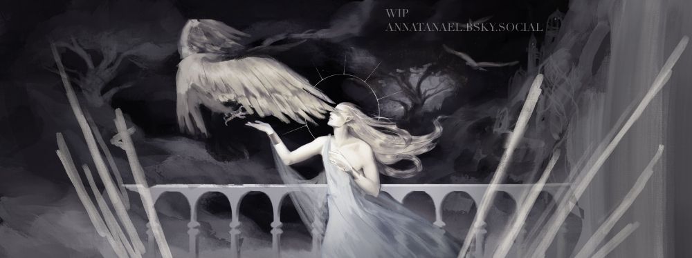 Ultrawide work in progress painting depicting a man with long flowing hair and pointed elf ears, dressed in a translucent blue robe in front of an arched railing. Compared to the dark background his figure is bright, as if shining. The man extends a hands towards a massive bird, one of whose wings partly obscures the man's face to the viewer. His head is crowned by a nimbus. In the background, two trees can be seen as silhouettes among dark clouds.
The sketch depicts my interpretation of Manwë in his palace atop mount Taniquetil.