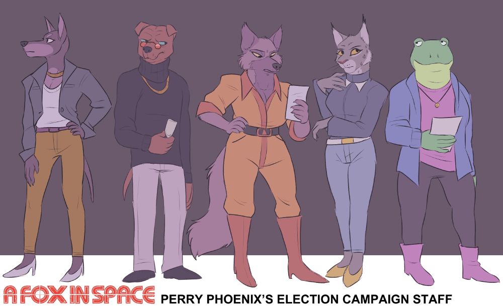 Concept art showing a lineup of 10-characters from A Fox in Space, Episode 3, expressing their cool, confident personalities that formed an unbeatable campaign, making Perry Phoenix the new Premier of Corneria.

Character species are:
Doberman
Pitbull
Wolf
Lynx
Toad