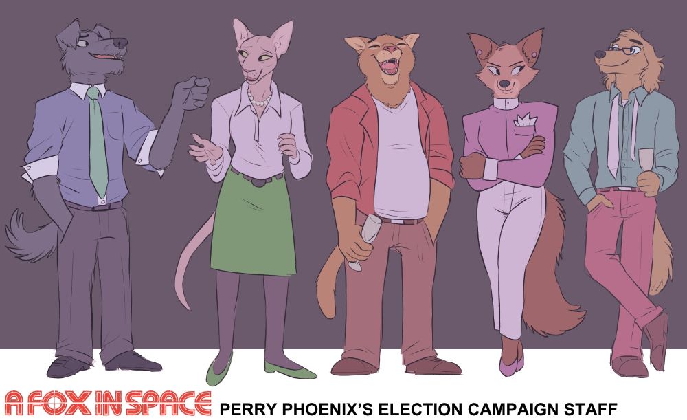Concept art showing a lineup of 5 characters from A Fox in Space, Episode 3, expressing their cool, confident personalities that formed an unbeatable campaign, making Perry Phoenix the new Premier of Corneria.

Character species are:

Scottish Terrier
Sphinx Cat
Orange Tabby Cat
Fox
Blond Cocker Spaniel