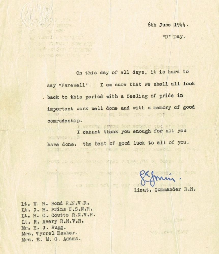 A letter to Naval Intelligence officers thanking them for their work on D-Day.