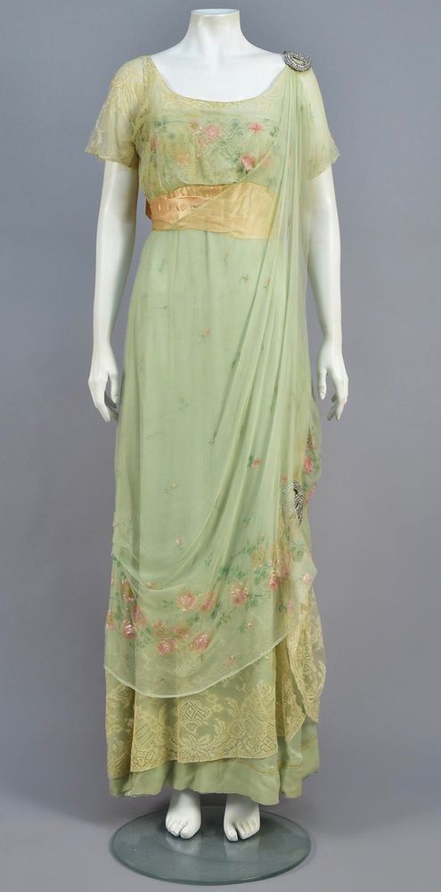 Jeanne Hallee green silk & chiffon gown from ca. 1912, Whitaker. 