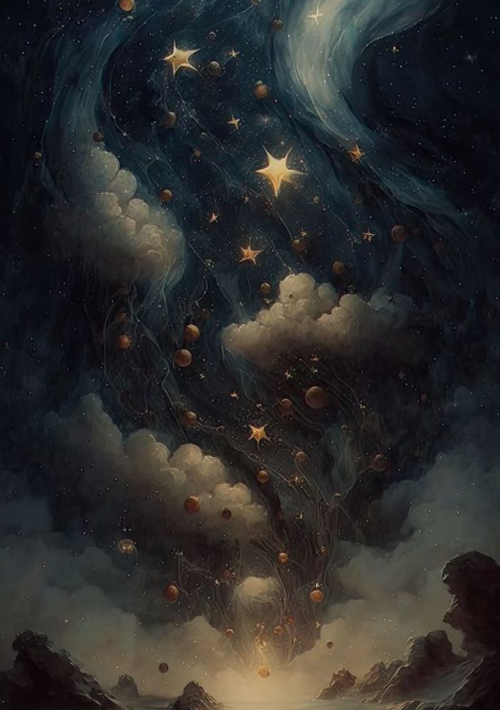 A stormy sky with tumbling gold stars and planets
