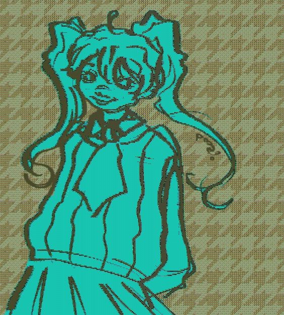 Art of Hatsune Miku looking to the side with a skirt and cardigan on. There’s a pixel filter on the image.