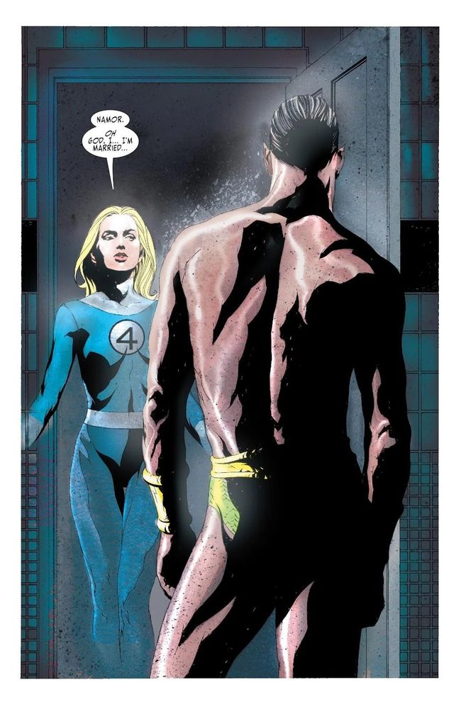 Sue Richards of the Fantastic Four (30-years-old, with medium-length blonde hair, beautiful) stands in a doorway wearing her iconic blue bodysuit with the number four emblazoned on the chest. Standing opposite to her with his muscular back to us is Namor, a very fit man wearing only a tiny brief-like swimsuit in green with gold trim. He's standing with one hip slightly jutting out, shoulders slightly slanted - casual, powerful, seductive.

Sue's dialog bubble reads: Namor. Oh god. I... I'm married...